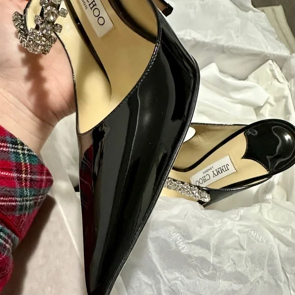 Jimmy Choo Black Patent Heels with Crystal Strap - Picture 3 of 8